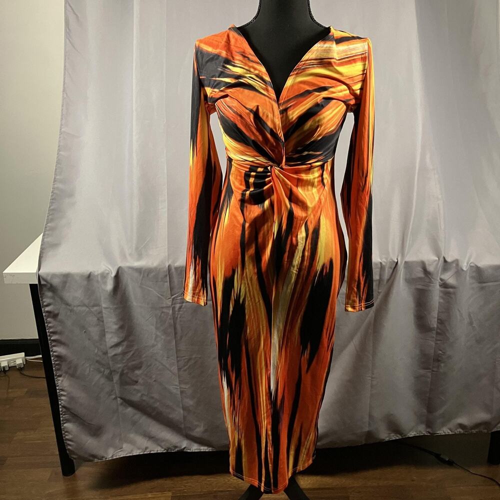 Shein Dress Womens Small Orange Abstract‎ Twist Front V-Neck Long Sleeve Midi